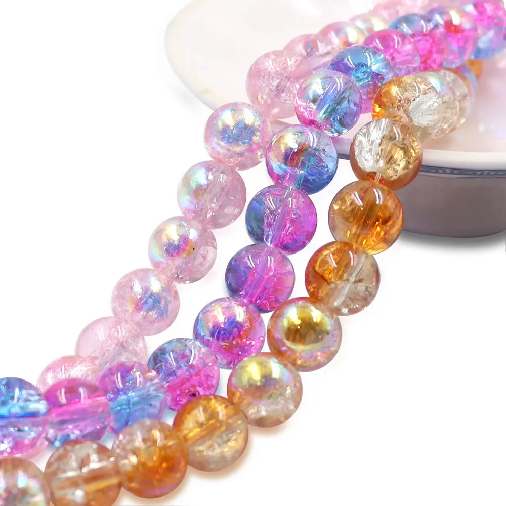 stock for sale 8mm full hole round blue and pink glass beads crackle AB beads for bracelets and necklaces