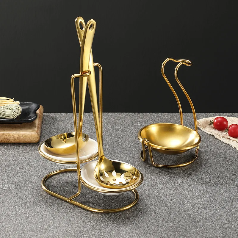 Golden Stainless Steel Spoon Rest Holder Ladle Holder Rack with 2 Bowl Dish for Restaurant