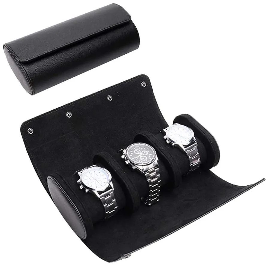 Custom Logo Portable Travel Roll Storage 3 Slots Organizer Box PU Leather Watch Case