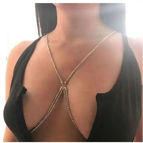 Shining Rhinestones Chest Cross Body Chain Boho Multi Layers Chest Chain Jewelry Crystal Chest Harness Body Jewellery For Woman