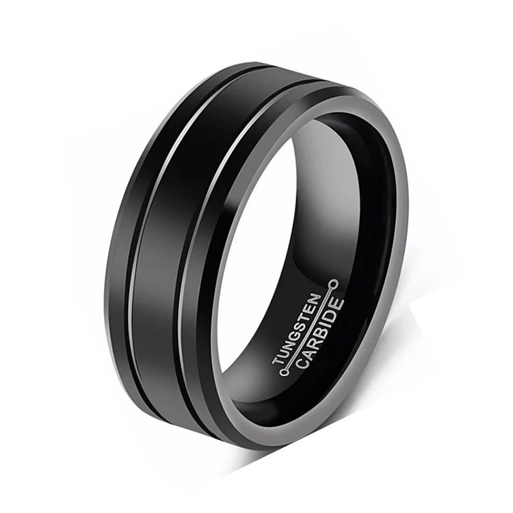 Y054 Hot Selling Minimalism Jewelry Black Center Grooved Beveled Edges Wedding PVD Stainless Steel Rings for Men