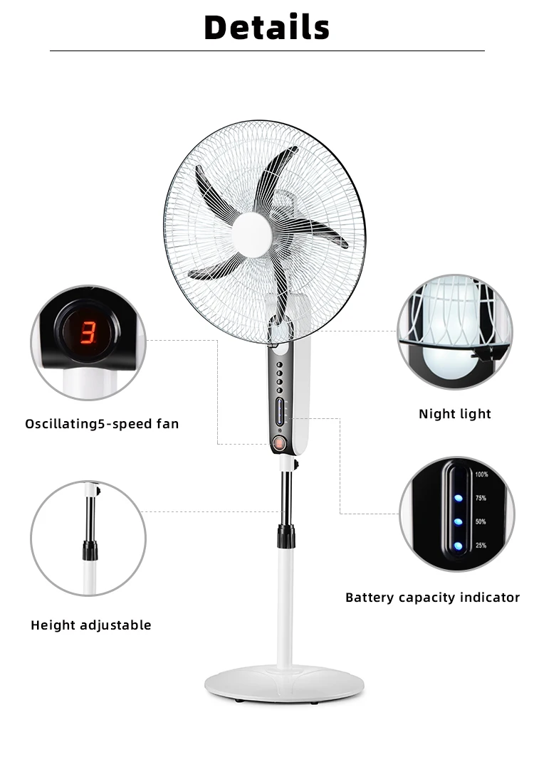 Solar DC/USB/AC Standing Fan 18 inch 5-speed LED Floor Fan household/RV/outdoor