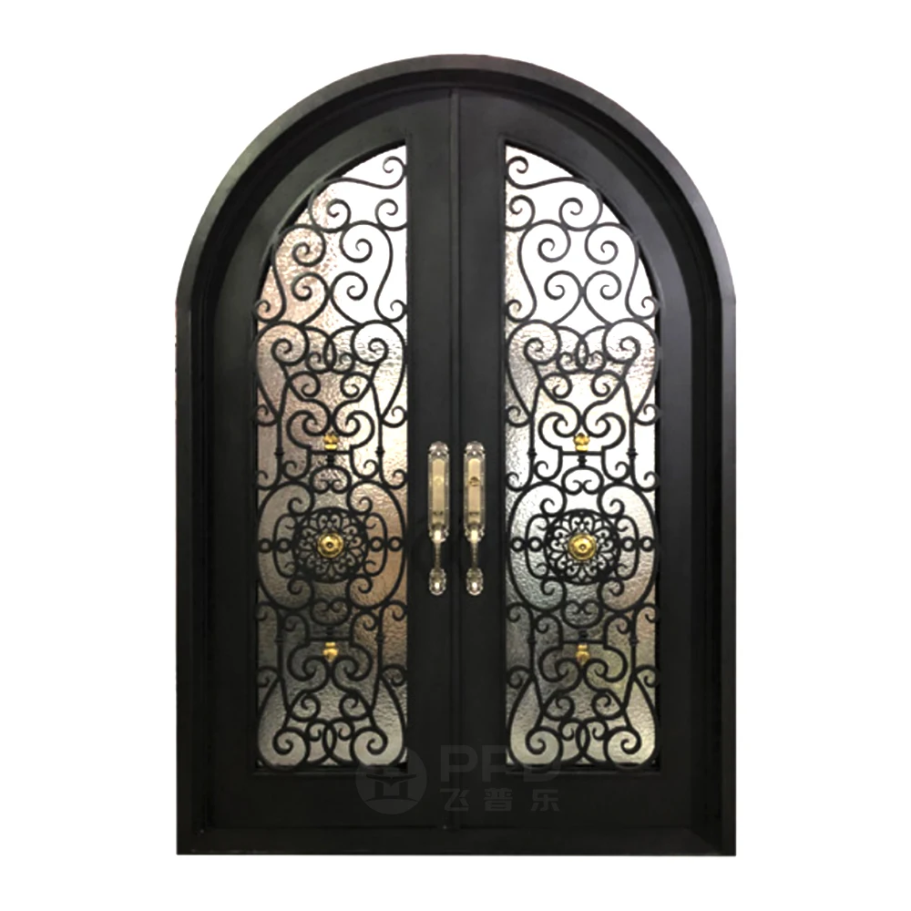 Villa Luxury Metal French Arch Double Main Double Doors Safety Security Entrance Wrought Iron Doors With Glass