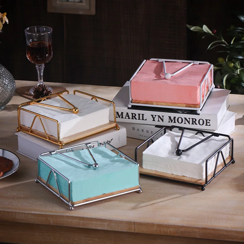 Tray for Bathroom Oak and Iron Napkins Holder for Powder Room Dinning Table Wooden Basket for Disposable Paper Hand Towels