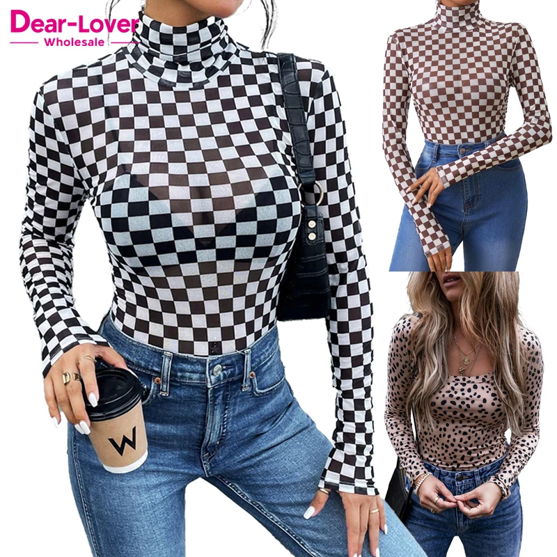 Dear-Lover Wholesale Fashion New Western Clothing Leopard Checkered Printed Slim Fit Long Sleeve One Piece Women Bodysuits