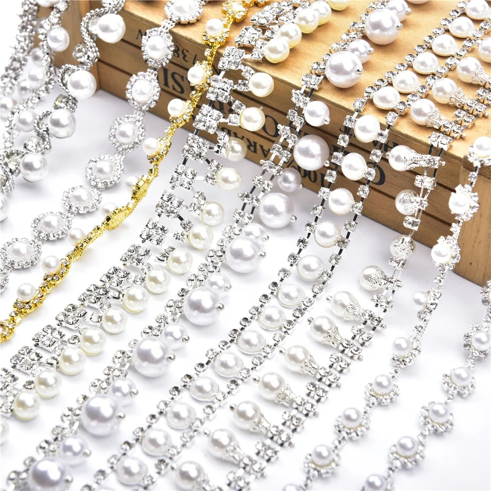 Fashion Bridal Rhinestones Pearl Chain Diy Collar Pendant Trim Decorative Pearl Chain Crystal Wedding Dress Clothes Accessories
