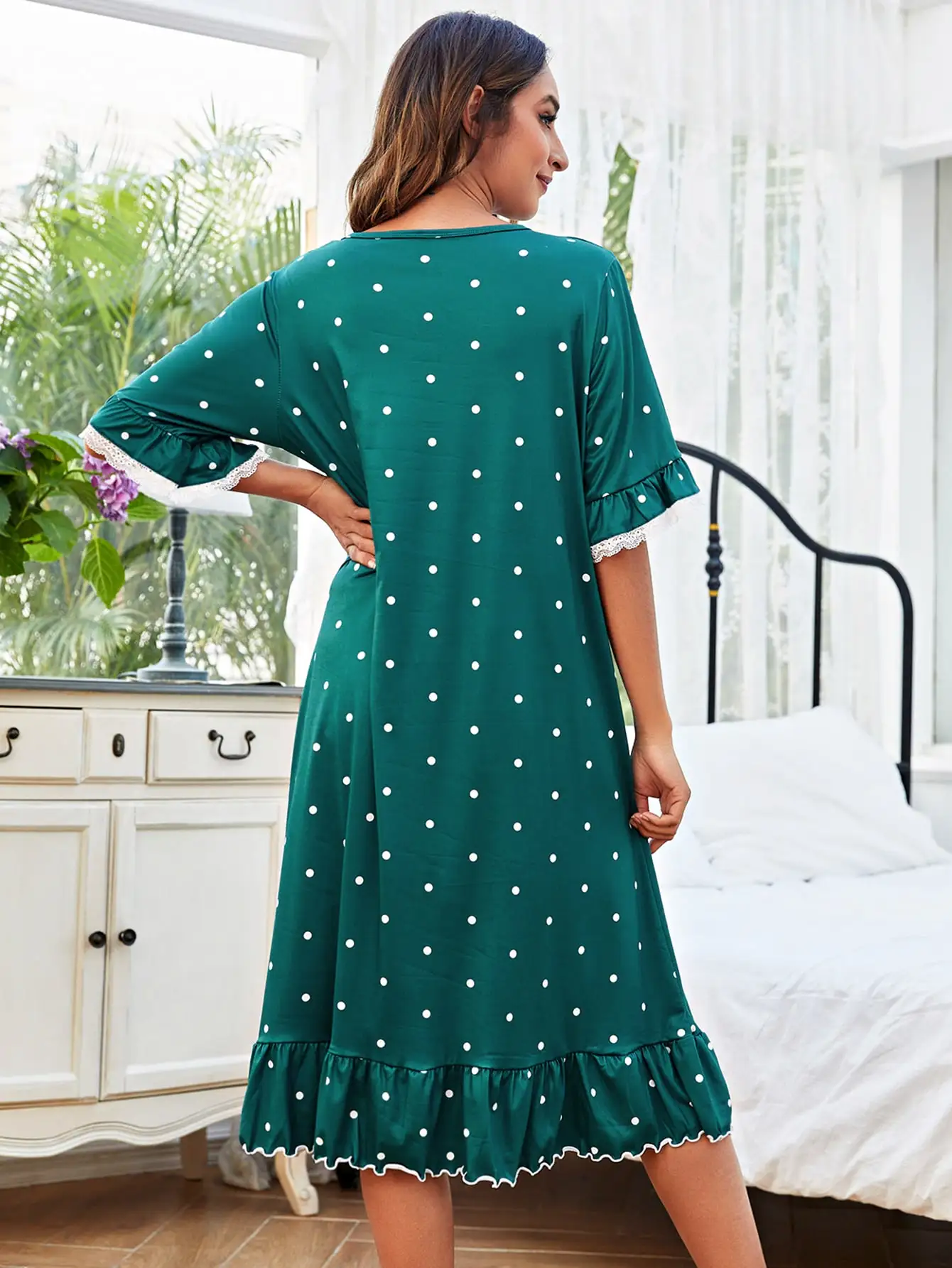 Viscose from Bamboo Custom Woman Night Dress Polka Dot Night Gown Ruffle Lace Trim Nightgown