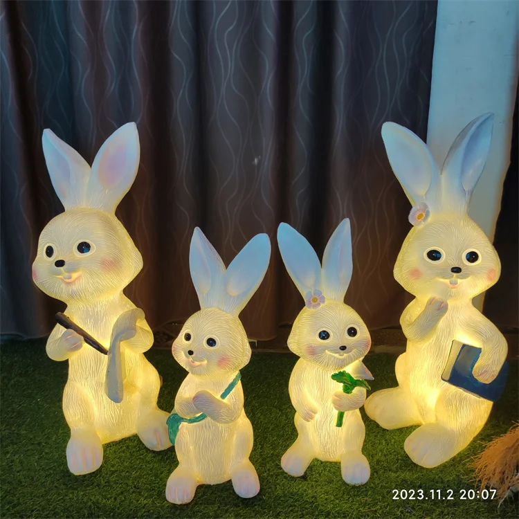 4 pcs per sets high quality lifelike fiberglass resin  luminous rabbit sculpture for outdoor landscape shopping mall and garden