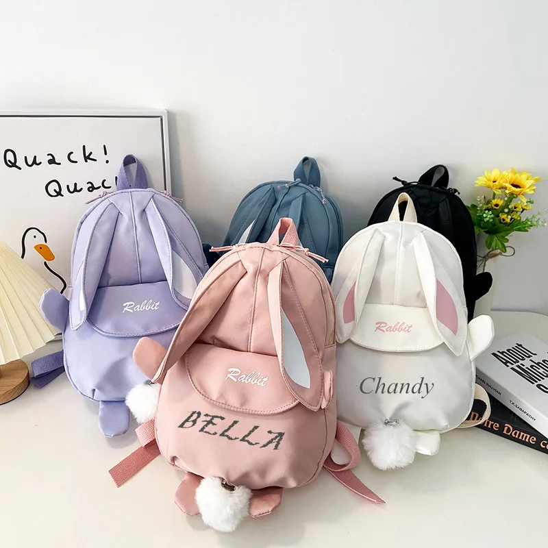 Personalized Embroidery Blank Cute Canvas Kid Toddler Backbag Bunny Ear Backpack with Pom Pom Monogram Zipper Kid School Bag