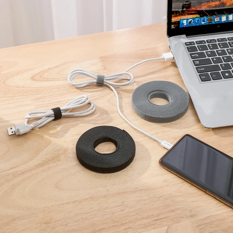 Grey Reusable Hook and Loop Cable Tie Roll Fastening Wraps Self-Gripping Straps Cords Ties Wire Organizer Tidy Roll Tape