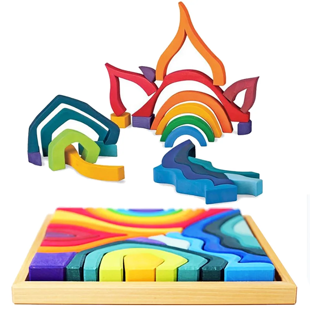 Preschool Rainbow Blocks Wooden Toys For Kids Geometric Building Blocks Volcano/House Educational Gift colorful wood