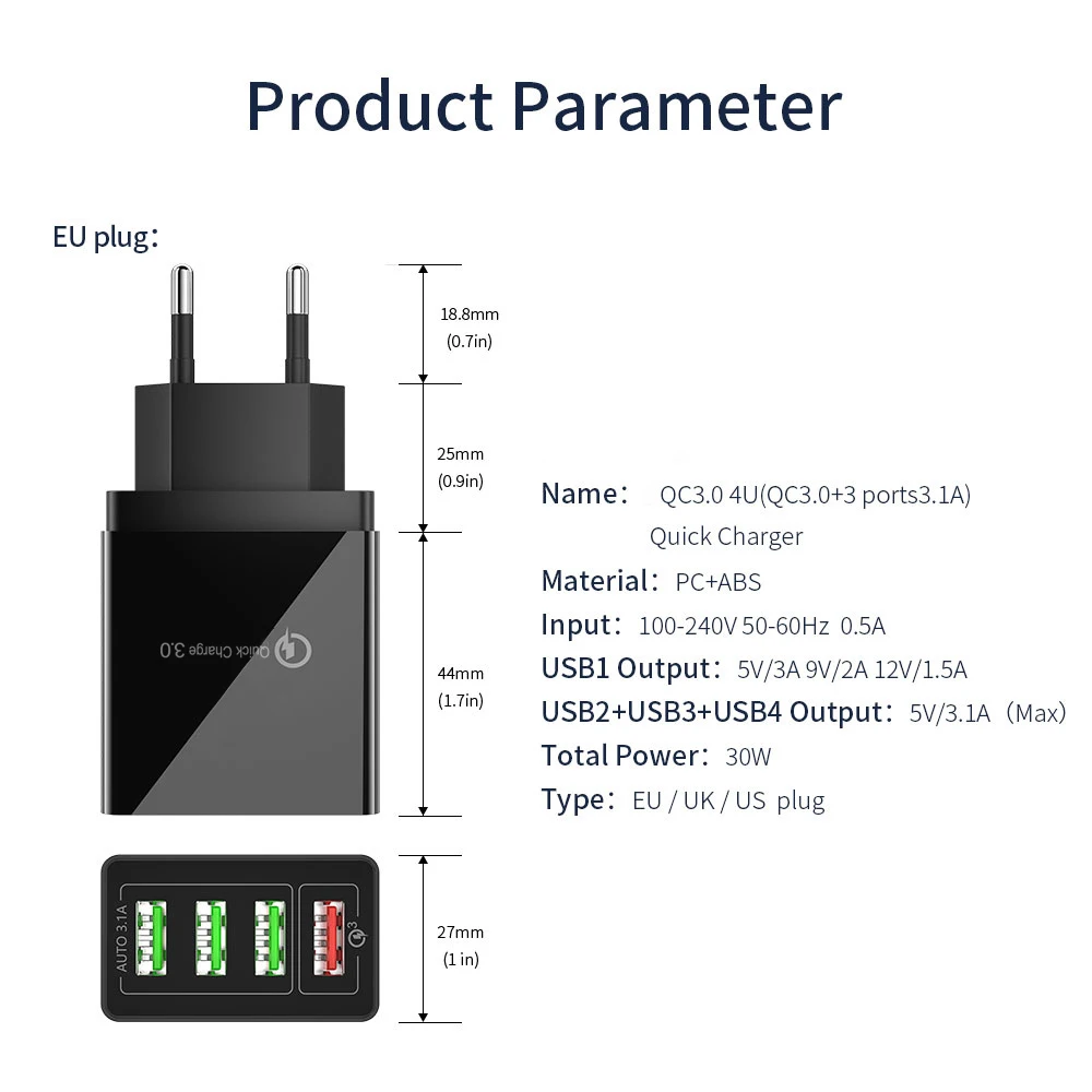 EU/US/UK Plug 3.1A 4 Port USB Wall Charger QC 3.0 Travel Charger Adapter
