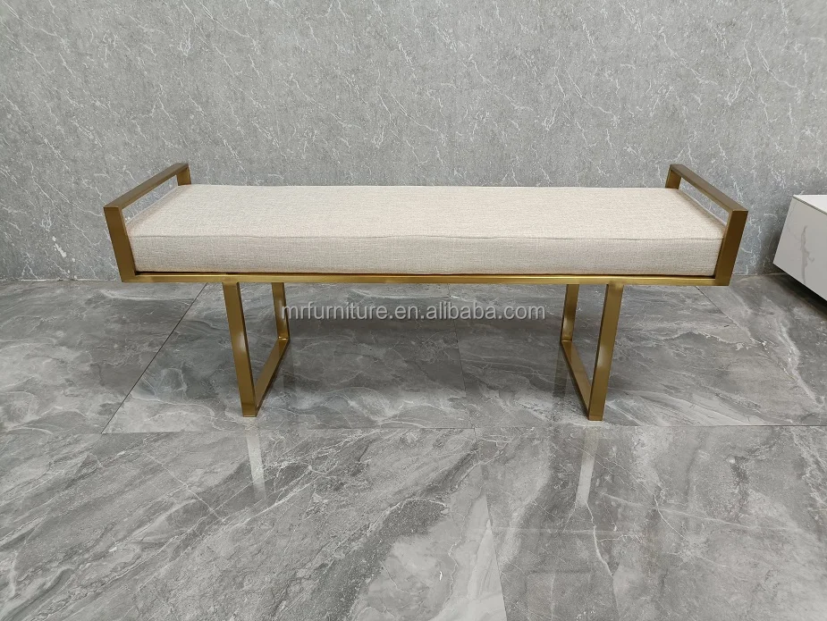New Design Luxury Living Room Furniture Long Bench Gold Stainless Steel Bed End Ottoman for Home Hotel