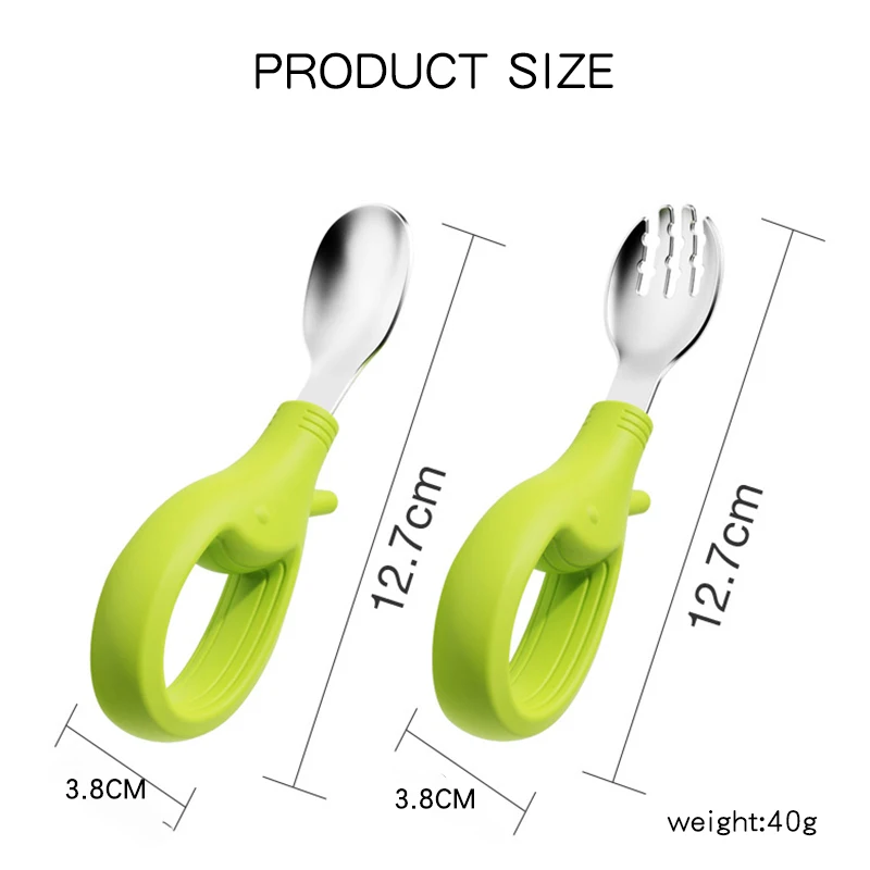 Factory Wholesale 100% Food Grade Silicone + Metal Cute Elephant Baby Spoon Fork Set Eating Cutlery for Kid Feeding Training