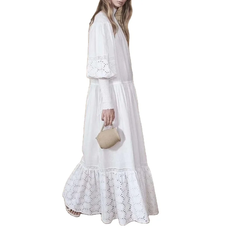 Wom Clothing Women Dress Summer 2021 Ropa De Moda Lace Stand Collar Long Sleeve Solid Tunic Casual Clothes