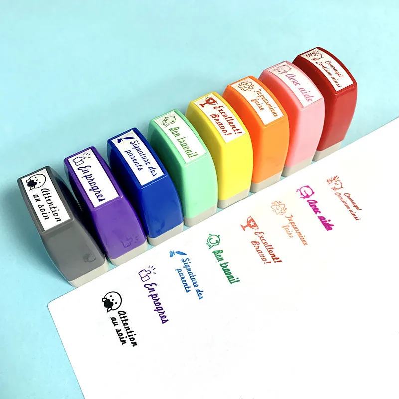 8pc French Spanish Stamp Set,Rectangular Teacher Stamps for Grading Classroom