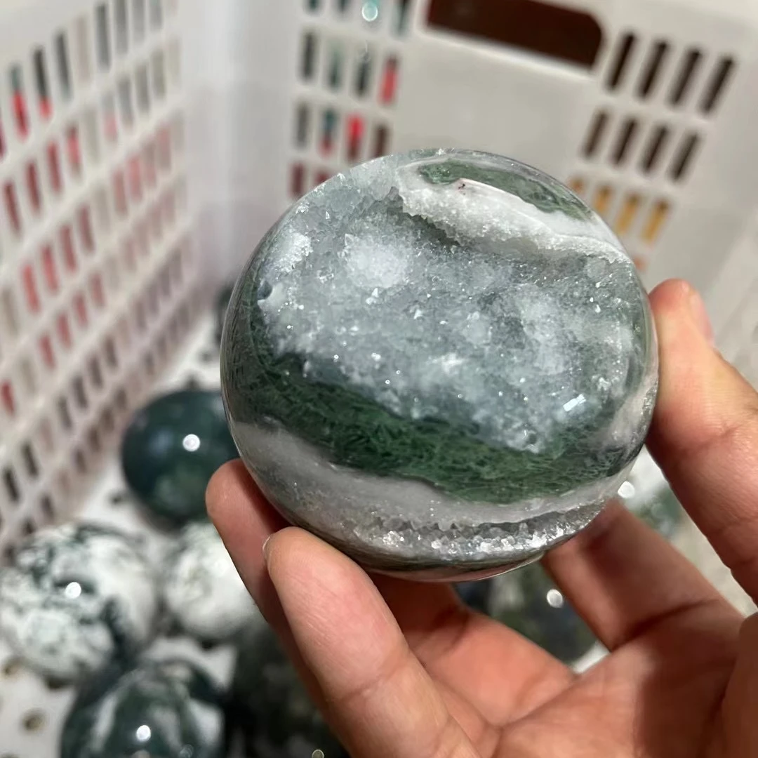 Moss Agate Sphere Druzy Agate Geode Sphere Healing Quartz Crystal Sphere for decoration