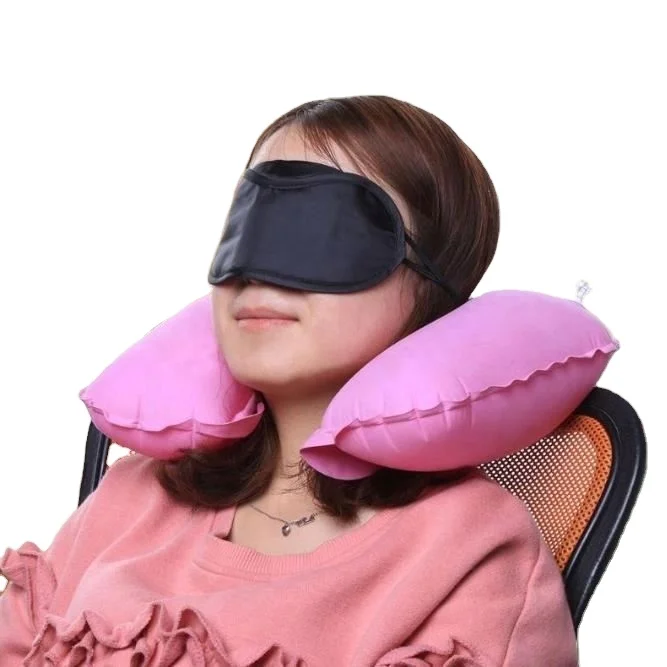 1 set Flocking Soft U Shaped Air Inflatable Pillow with Eyes Cover Earplugs Neck Car Headrest Air Cushion for Home Travel
