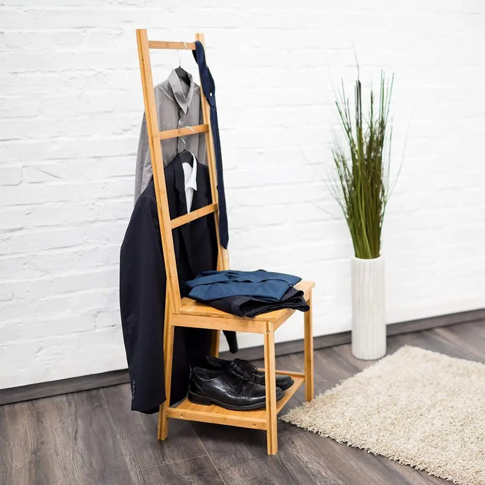 Bamboo Clothes Valet Chair Bathroom Chair with Towel Holders Clothes Stand with 3 Rails,