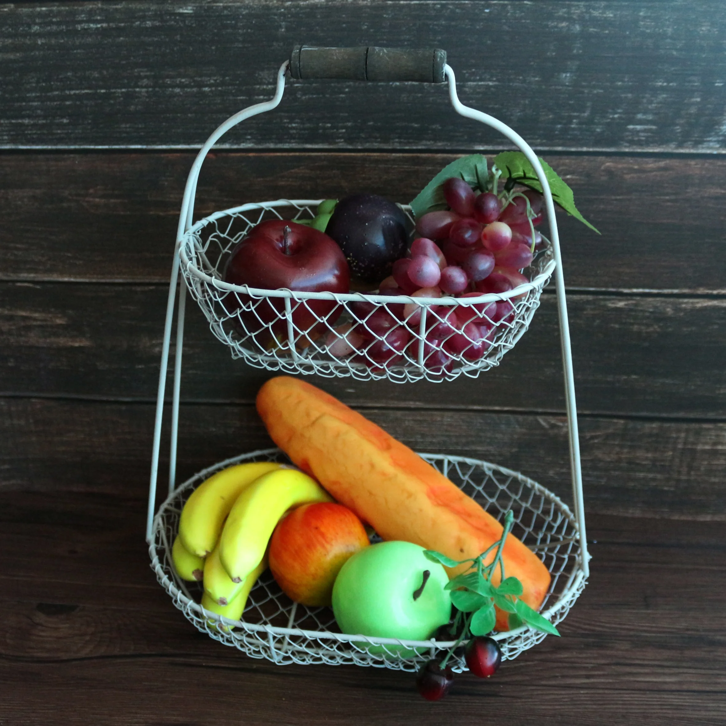 
Rustic Chicken Wire 2 Tier Fruit Basket Metal Gathering Basket with Handle Country Vintage Style Storage Basket. Grey 