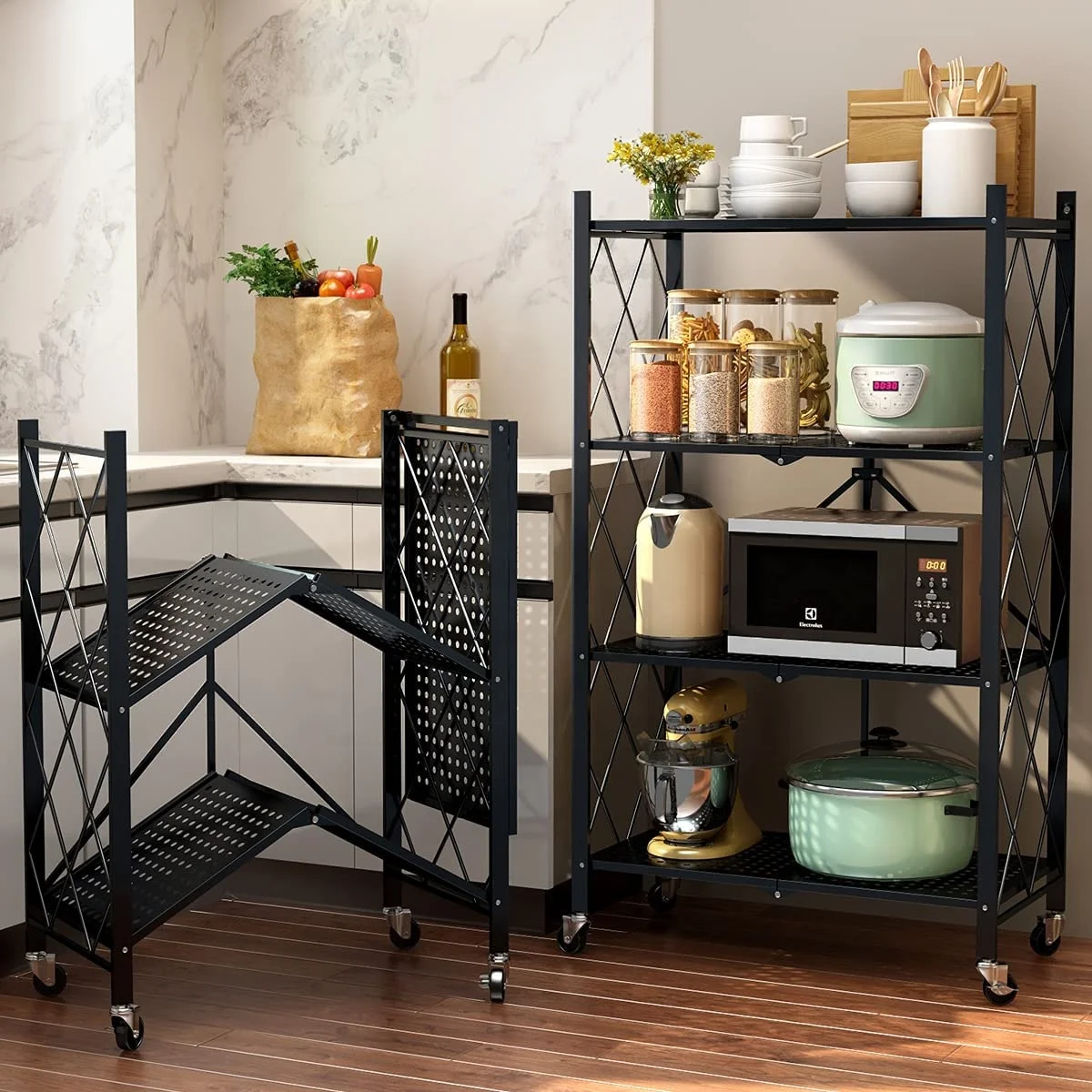 Folding Shelf 5 Tiers Household Steel Storage Shelf Rack No Assembly Kitchen Storage Foldable Rack Shelf On Wheels