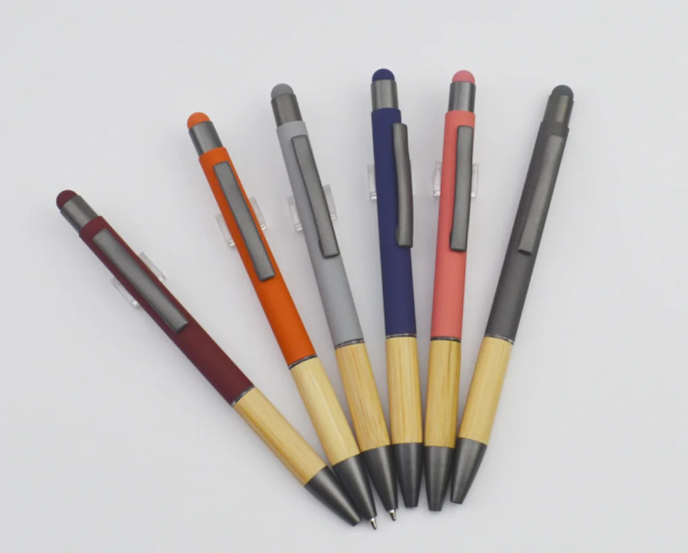 Bamboo pen with metal colored barrel touch screen with customized logo