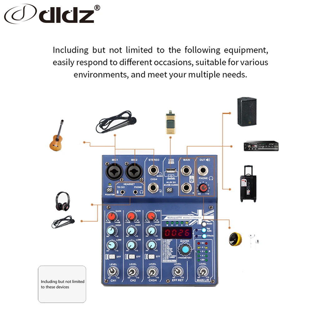 Dldz 4 канала портативный профессиональный звук музыки DJ микшер с BT USB интерфейс 48В блок питания и