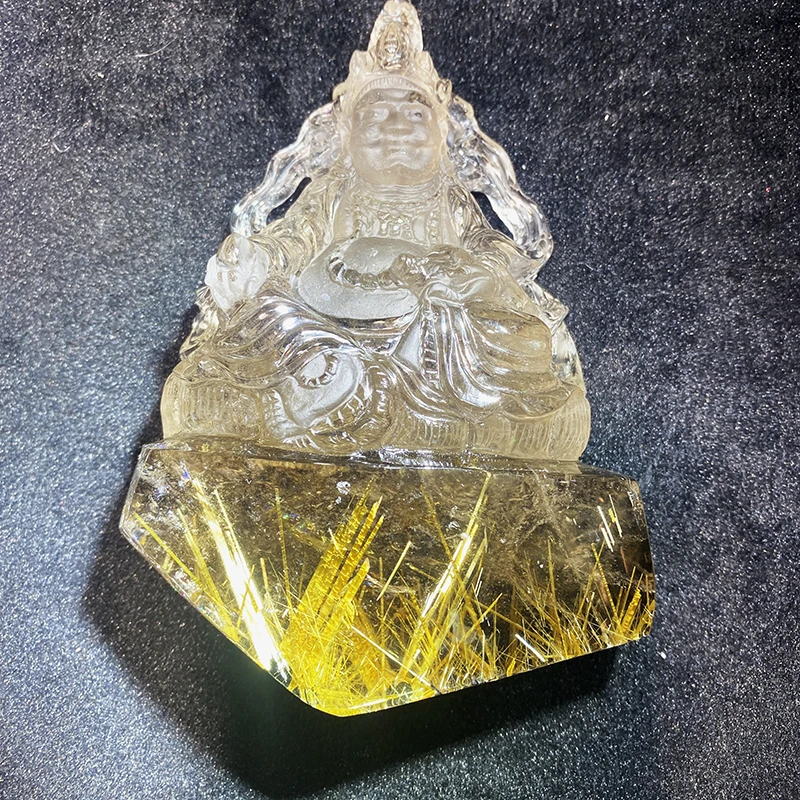 natural Golden Hair Crystal Hand carving Buddhist statue crystal crafts Rutilated Quartz God of wealth statuary for decoration