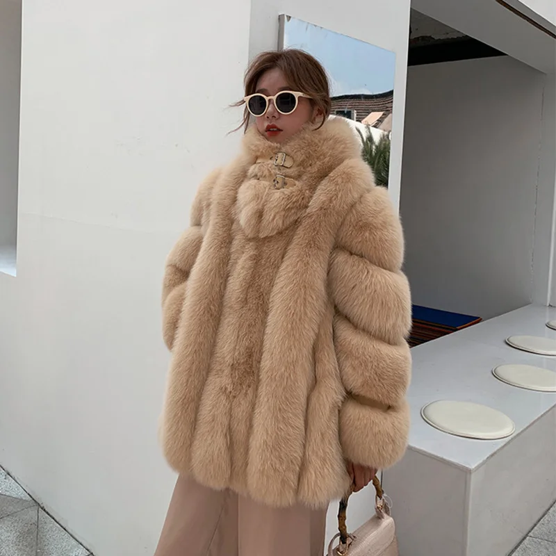 2022 New Arrivals High Quality Italian Classic Style Stand Collar Natural White Real Fox Fur Coat Women