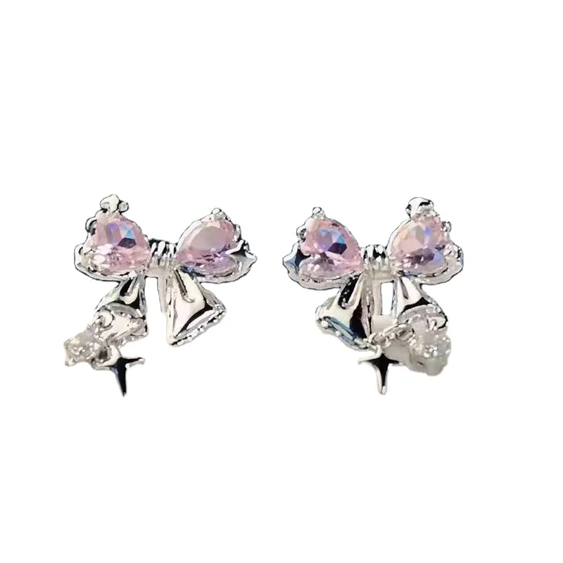 2023 New Korean Style Exquisite Pink Zircon Bowknot Stud Earrings for Women Girls Sweet Star Pendant Earring Jewelry