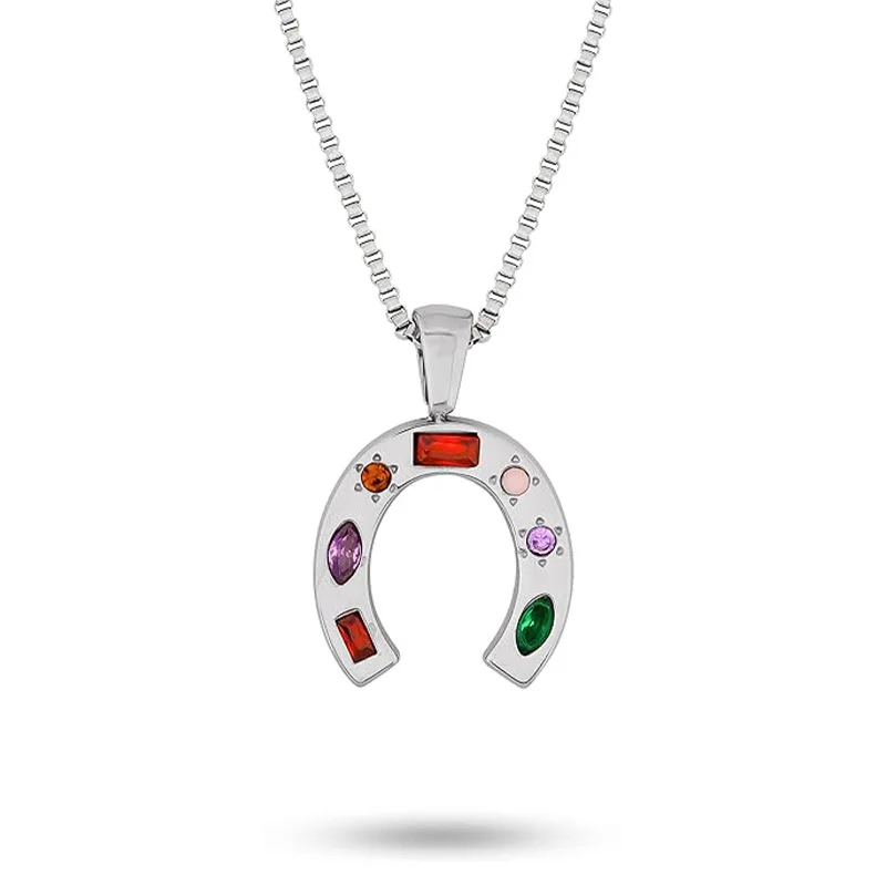 Rainbow zircon U-shaped horseshoe 925 Sterling Silver lucky necklace for Men Women