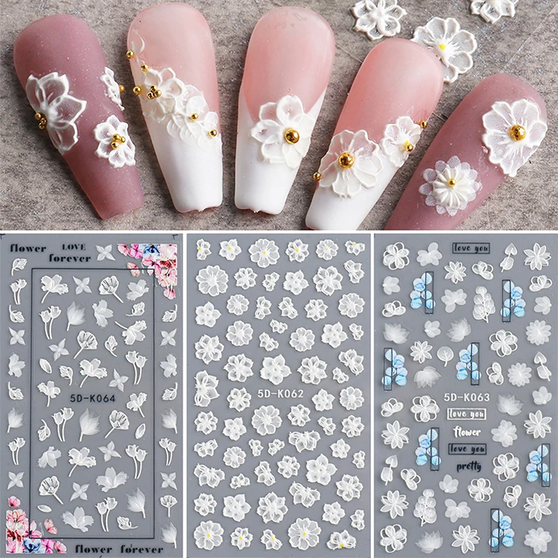 White Flower Nail Art Sticker Decals 5D Exquisite Embossed Carving Sticker Hollow Self-Adhesive Luxurious Nail Art Decoration