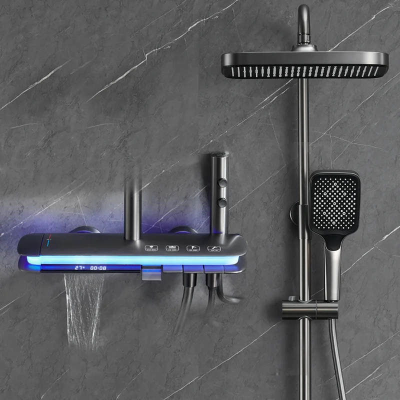 Modern Copper Piano Shower System Mixer Multifunction LED Display Screen Thermostatic Rain Waterfall Shower Set