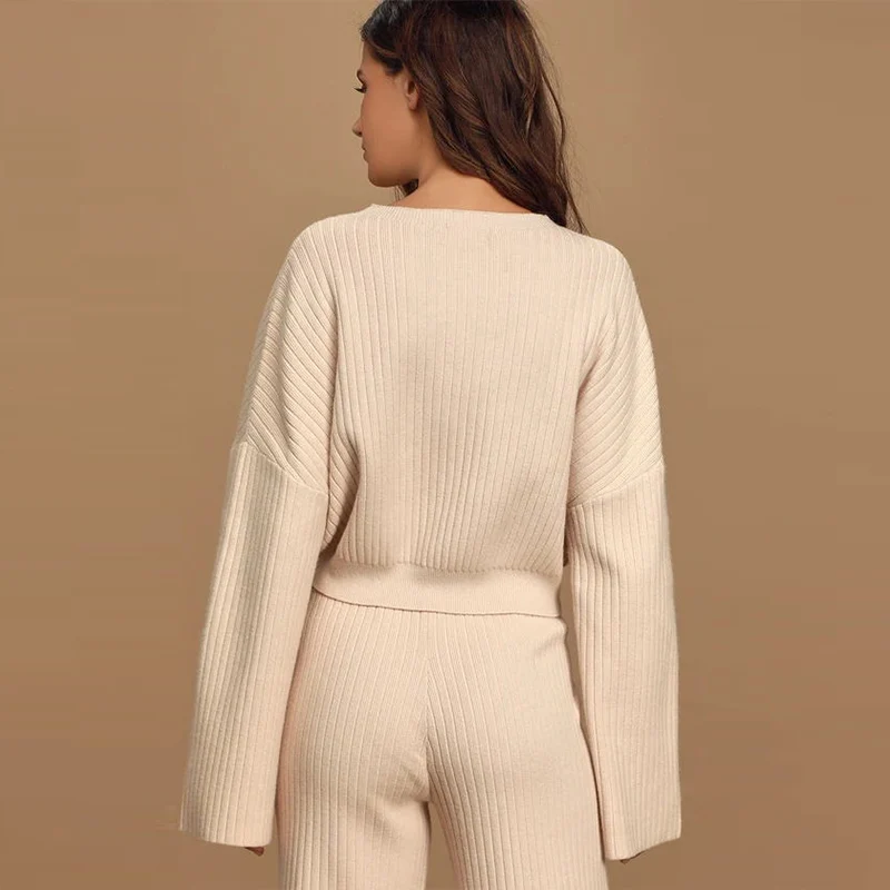 12GG Big Rib Fall Winter New Style Sweater Women Set Knitted Sweater And Pants Set with Wool Blend Sweaters Sets for Woman