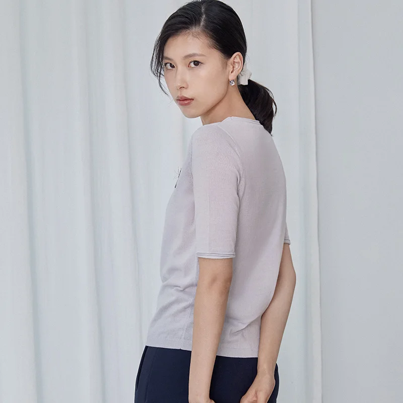 High quality fashion office lady O-neck embroidered T-shirt grey