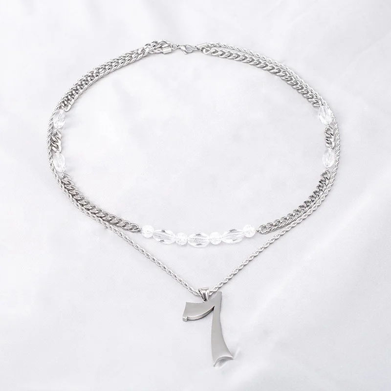 Hot Selling Hip Hop Fashion Jewelry Stainless Steel Splicing Beaded Double Chain Digital Seven Pendant Necklaces