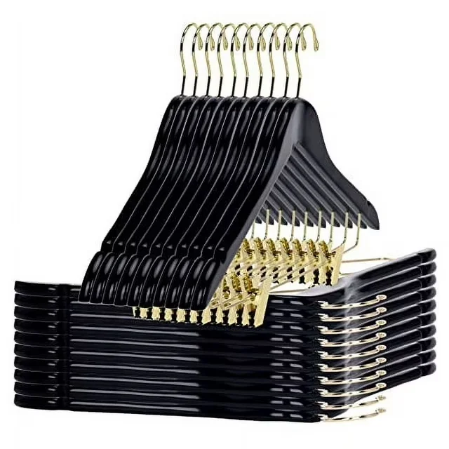 Black Solid Clothes Wood Hangers Trousers Rack Anti Slip Gold Hook Clothes Hanger black gold hook wooden hanger