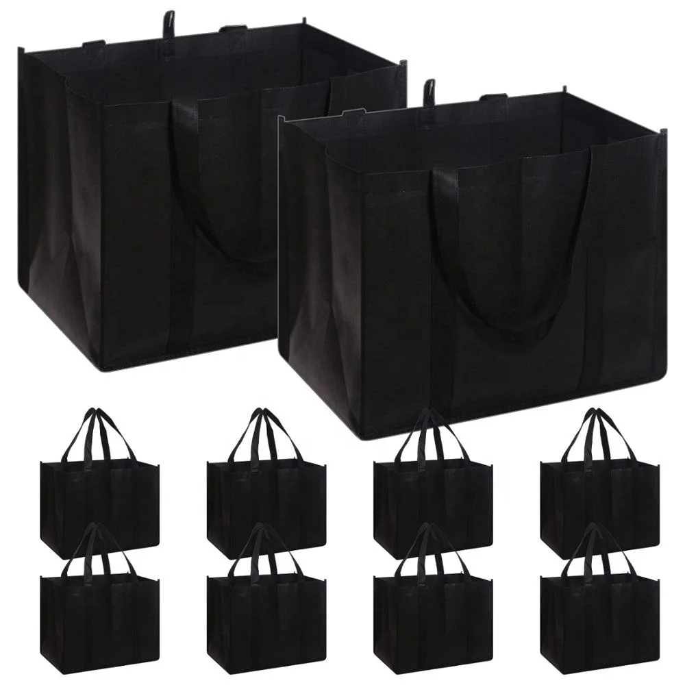 Set of 10 Reusable Grocery Bags Black Non-Woven bag Large Shopping Tote Bags with Reinforced Handles