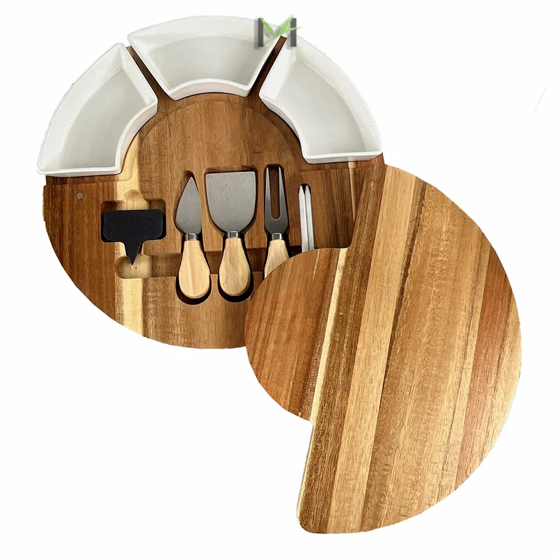 Large Cheese Cutting Board Charcuterie & Knife Set - Round Unique Swivel Bamboo Charcuterie Board Set For Parties