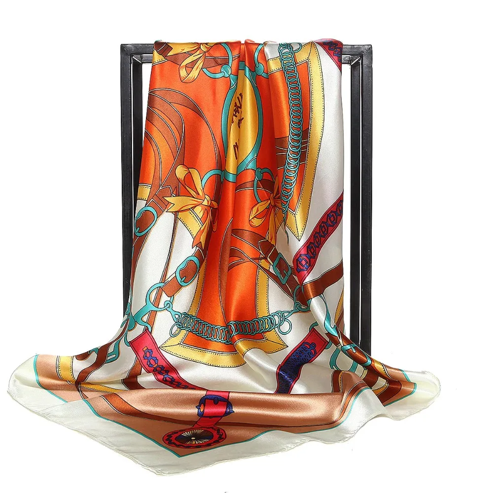 Модный Шелковый шарф для женщин 90*90 см, квадратный головной платок, роскошные брендовые дизайнерские шали с принтом, женский платок, атласный хиджаб-шарф