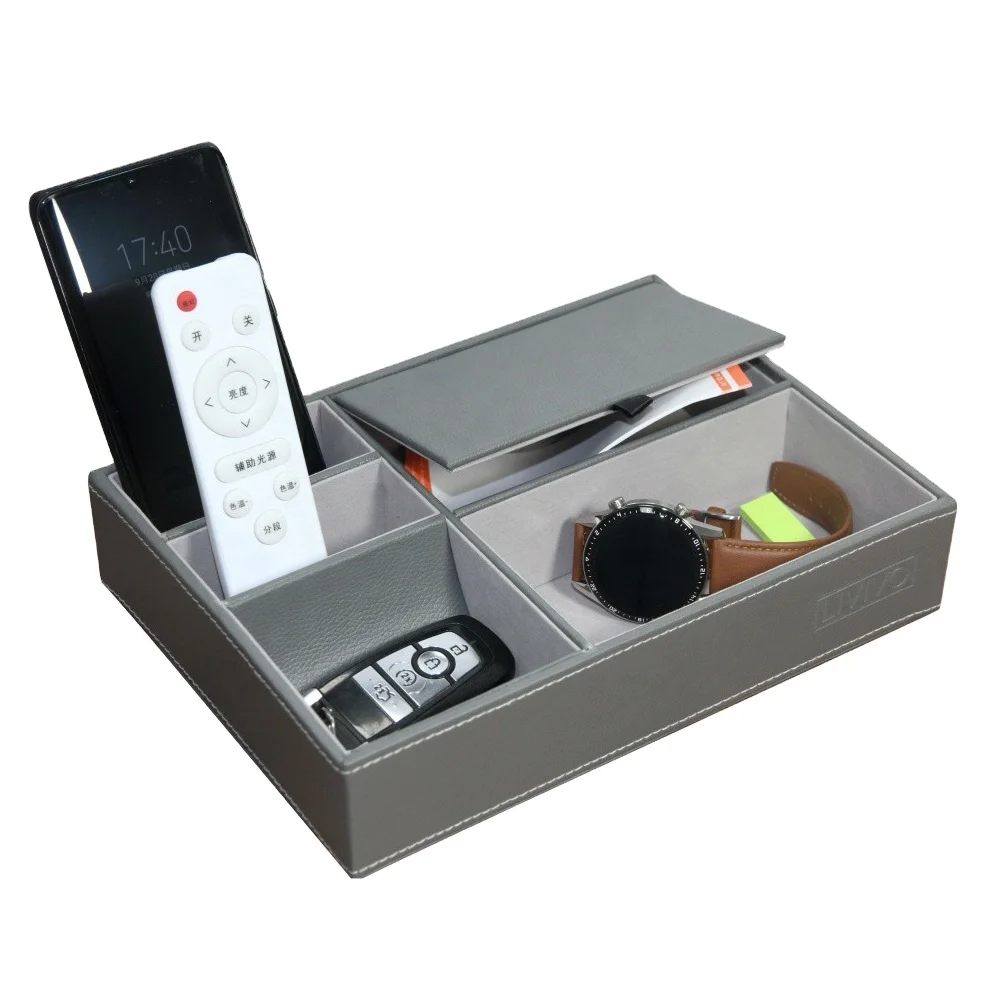 LG8074 Wholesale Hot Selling Desktop Organizer With 5 Compartments PU Leather  Remote Control Holder With Lid Phone Organizer