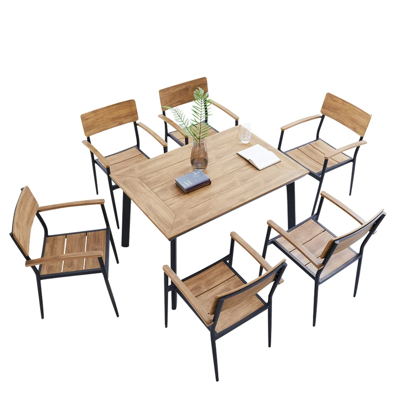 Fashionable teak wood colors outdoor furniture dining 9 pcs Plastic wood stacked tables and chairs garden sets