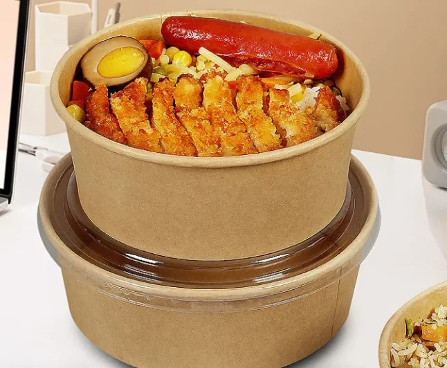 Disposable Food Grade Take Away Kraft Paper Salad Bowl With Pet Lid
