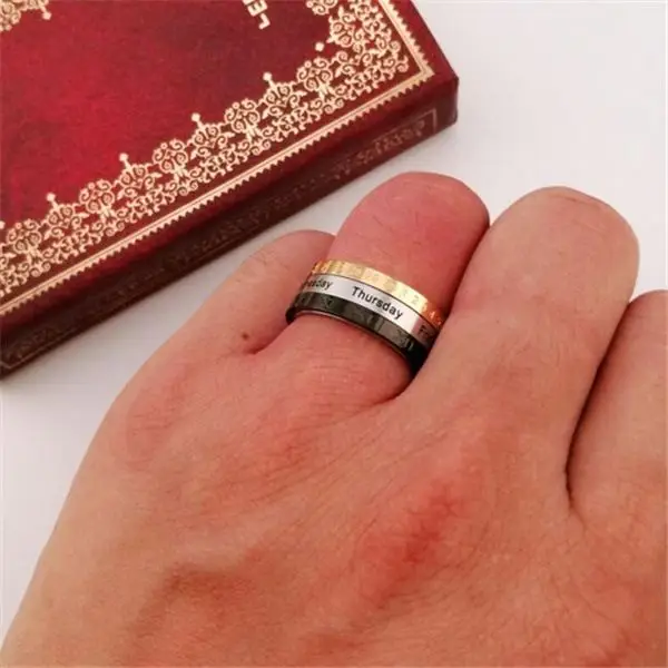 new fashion date weeks letter rotating ring clock stainless steel stacking rings men sets jewelry