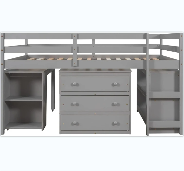 Multifunctional Twin Size Loft Bed with Double Tiers Low Study Kids Loft Bed with Storage Bookcases Cabinet Made of Wood