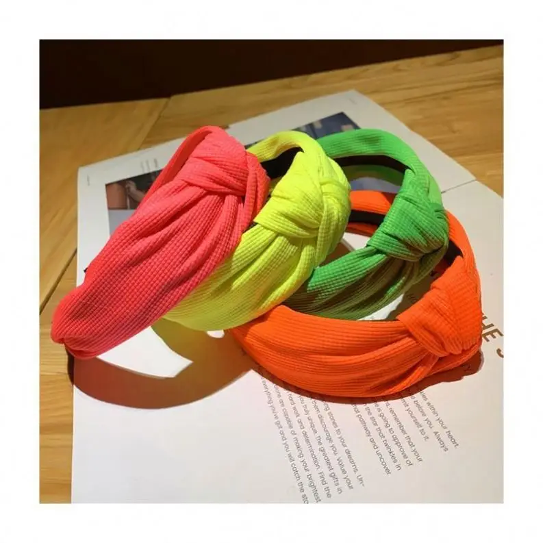 Fashionable fluorescent cloth knotted hairbands sweet pure color cloth wide edge headband for women girl