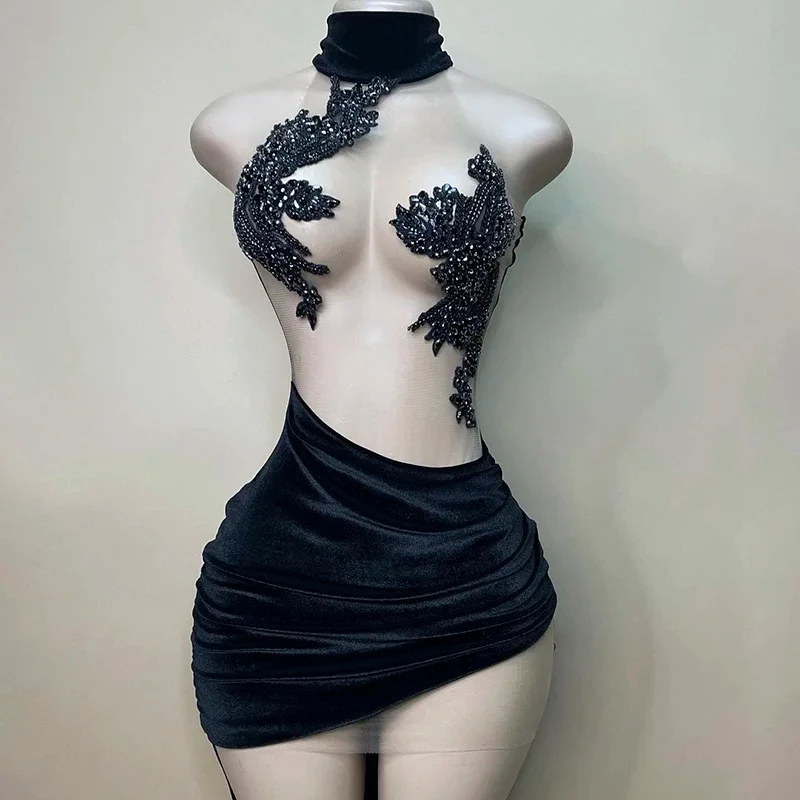 Black Velvet Short Mini Cocktail Dresses 2024 Sexy See Through Black Girls Prom Dress Women Club Night Gowns RM007-2