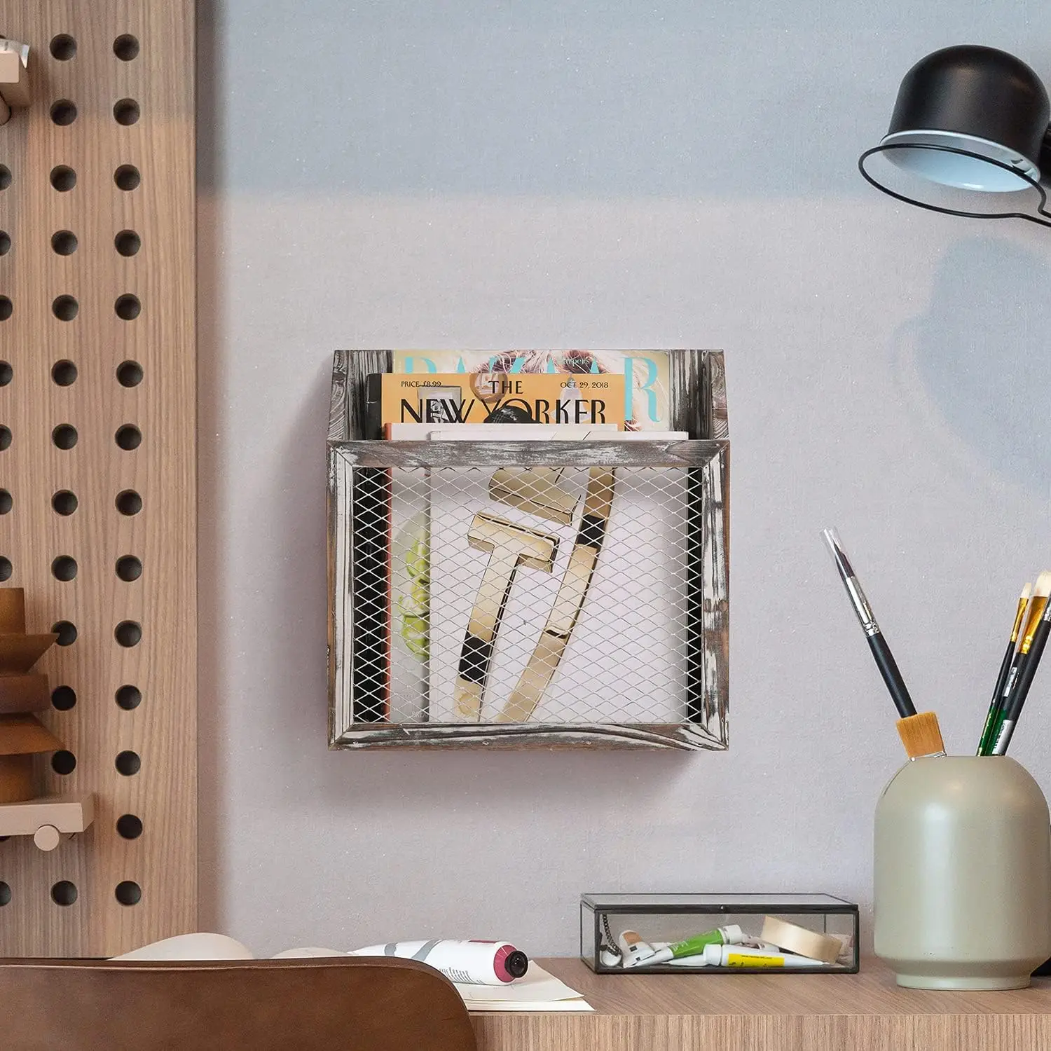 Rustic Magazine Holder Torched Wood and Chicken Wire Design Wall Mounted Farmhouse Home, Bathroom, Office Magazine Rack