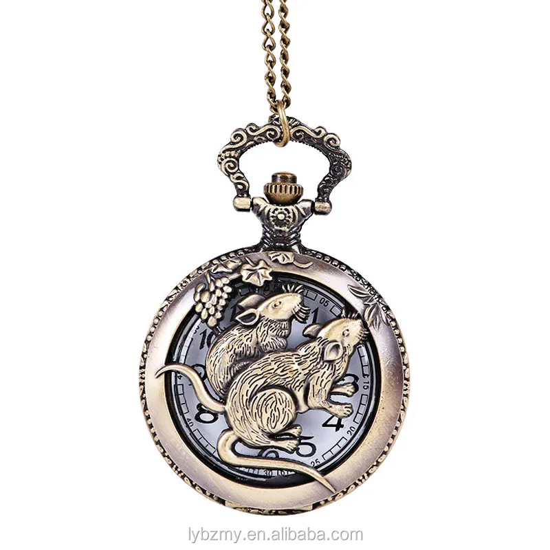Quartz Bronze  Animal Vintage Clock Men Women Necklace Chain Pendant Fob Animal Pocket Watch