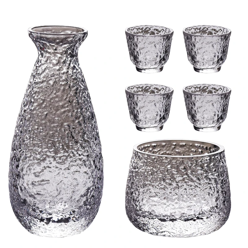 ZENS Sake Set Glasses 6.7 Ounce Sake Carafe Bottle with holder and 4 Saki Cup Set for Warmer or Cold Japanese Wine Warmer Sets